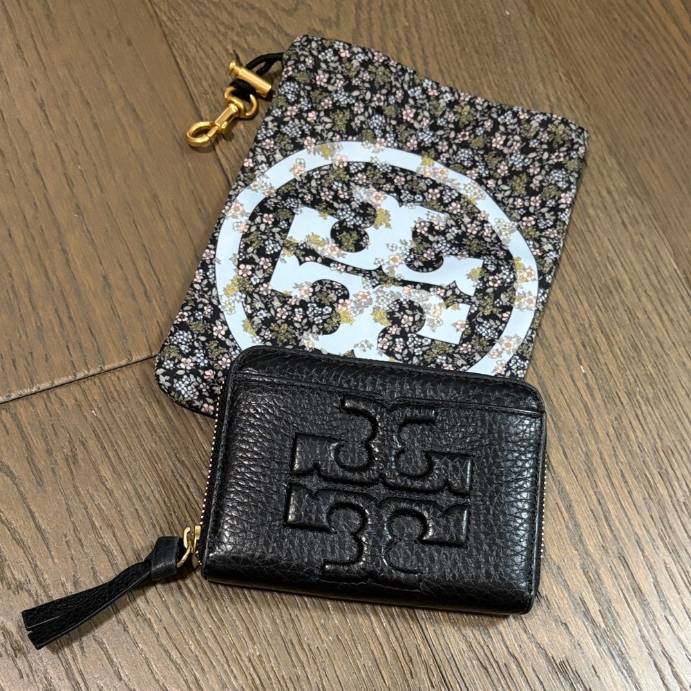 Tory Burch Black Leather Zip Card Holder with Tassel